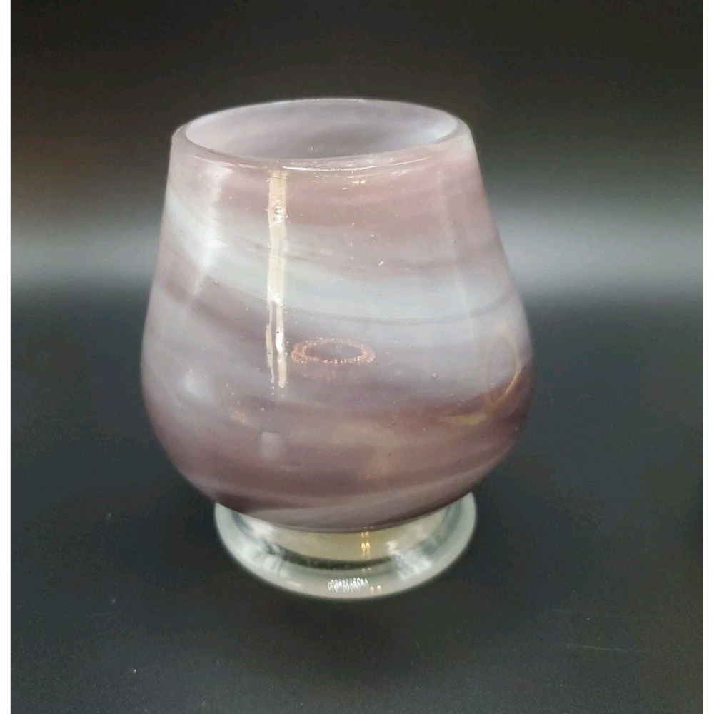 Blown Glass‎ Candle/Votive Holder Purple And Light Gray Swirls 4" Tall